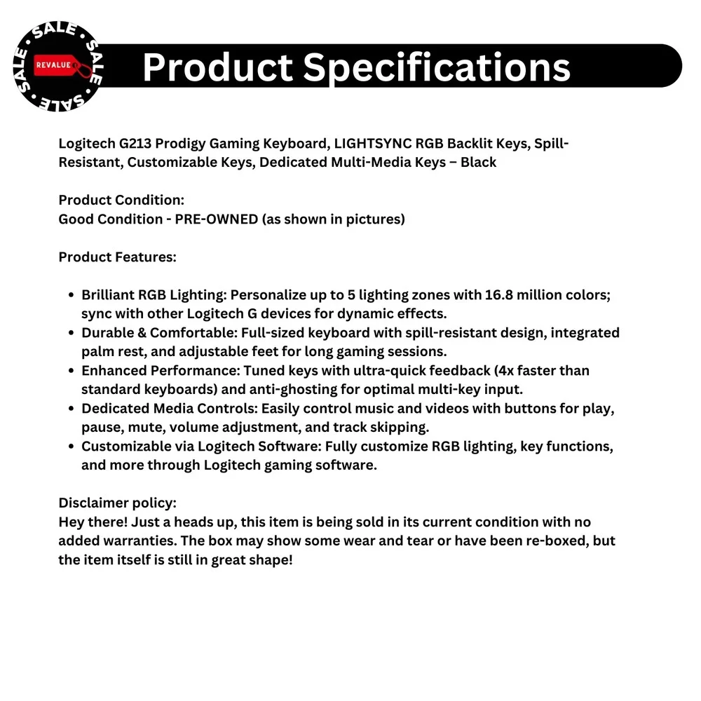 Logitech G213 Prodigy RGB Gaming Keyboard LIGHTSYNC‎ Wired Spill-Resistant
